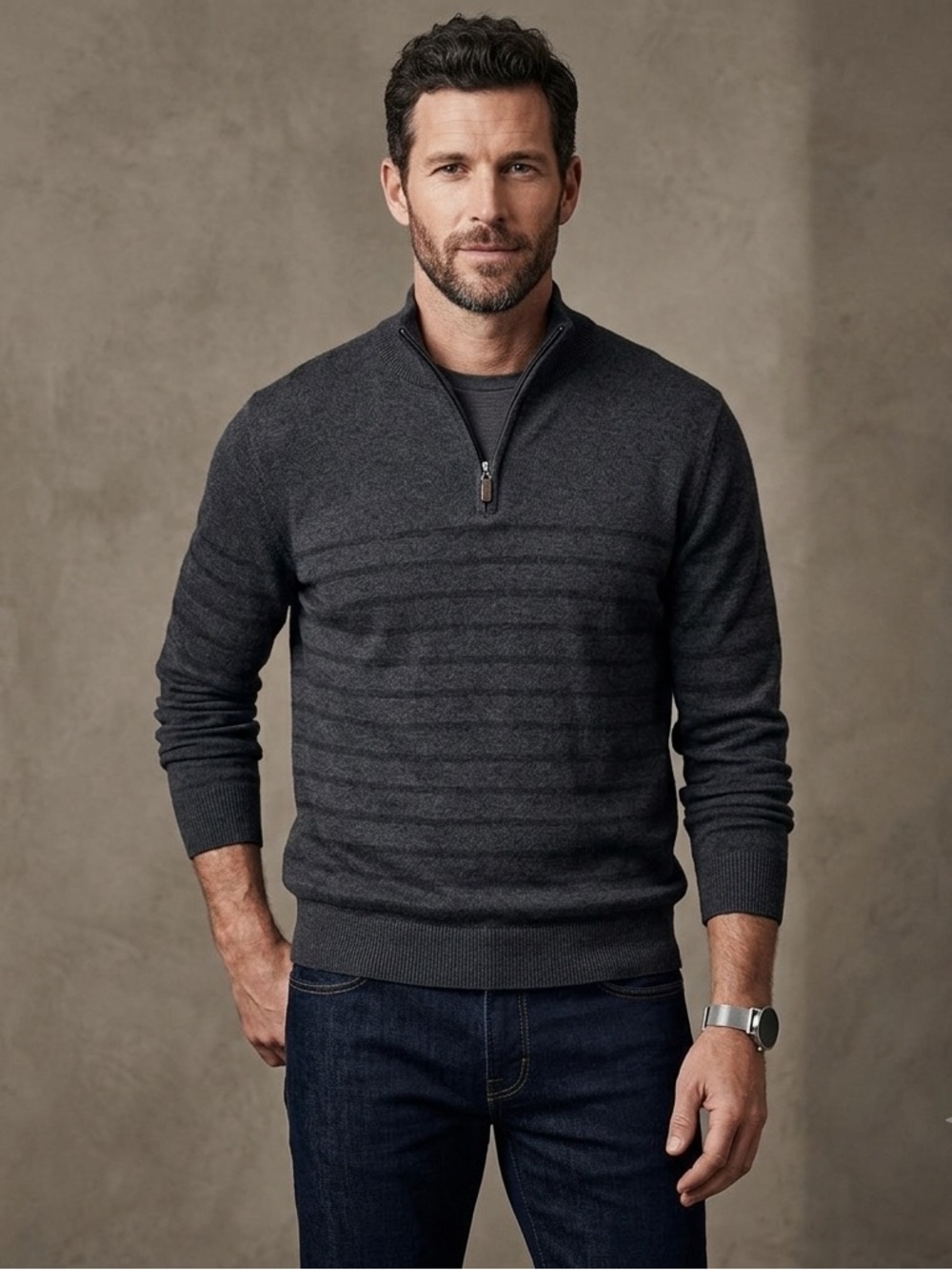 Perry Ellis Quarter-Zip Pullover Sweater Charcoal Gray w/ Stripes Men’s Size XL